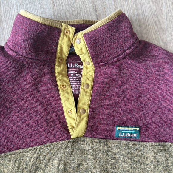 LLBean Sweater gold Maroon Color Block Button up popover Medium - Picture 6 of 7